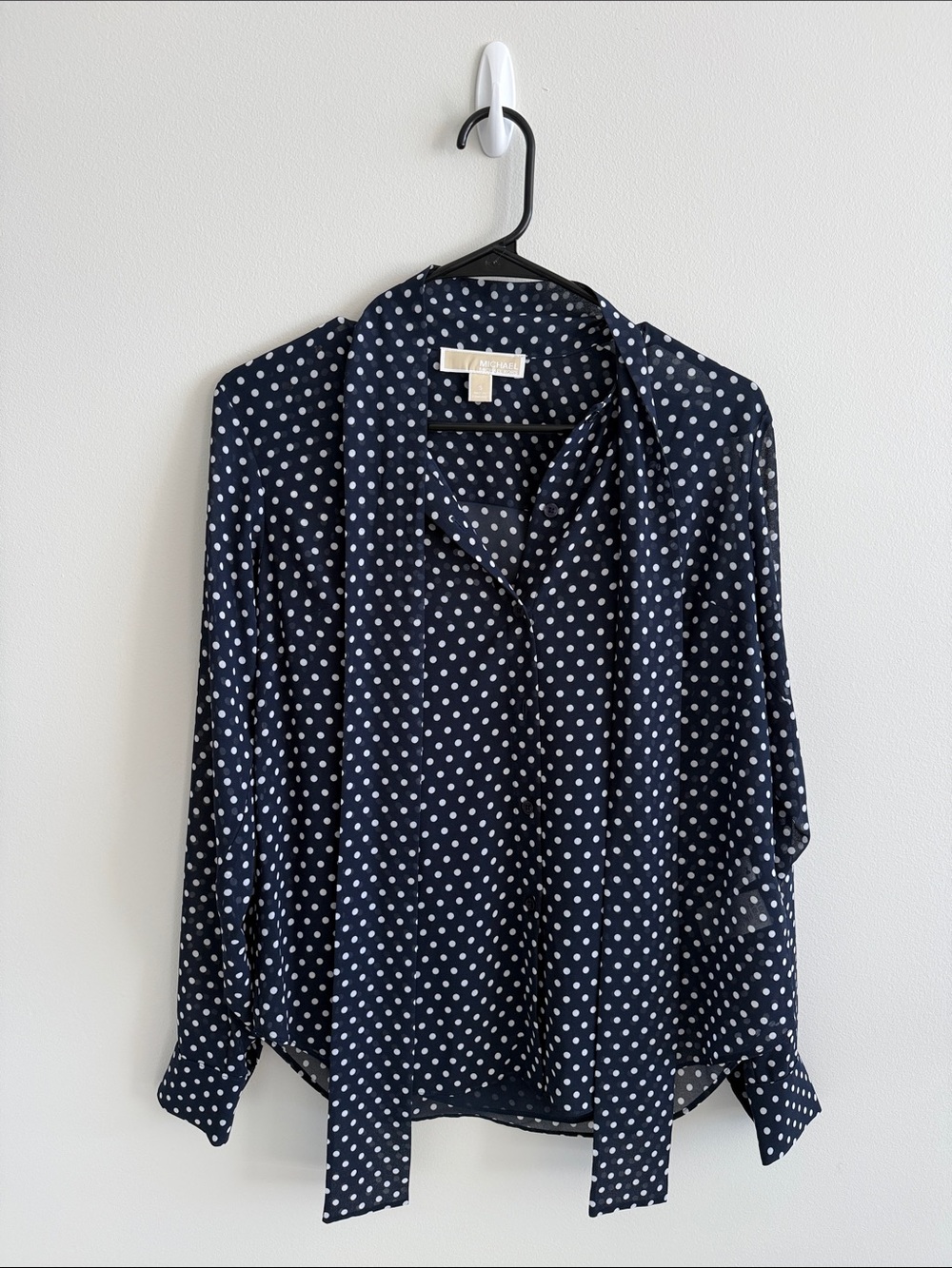 MICHAEL Michael Kors Navy and White Polka Dot Tie-Neck Blouse